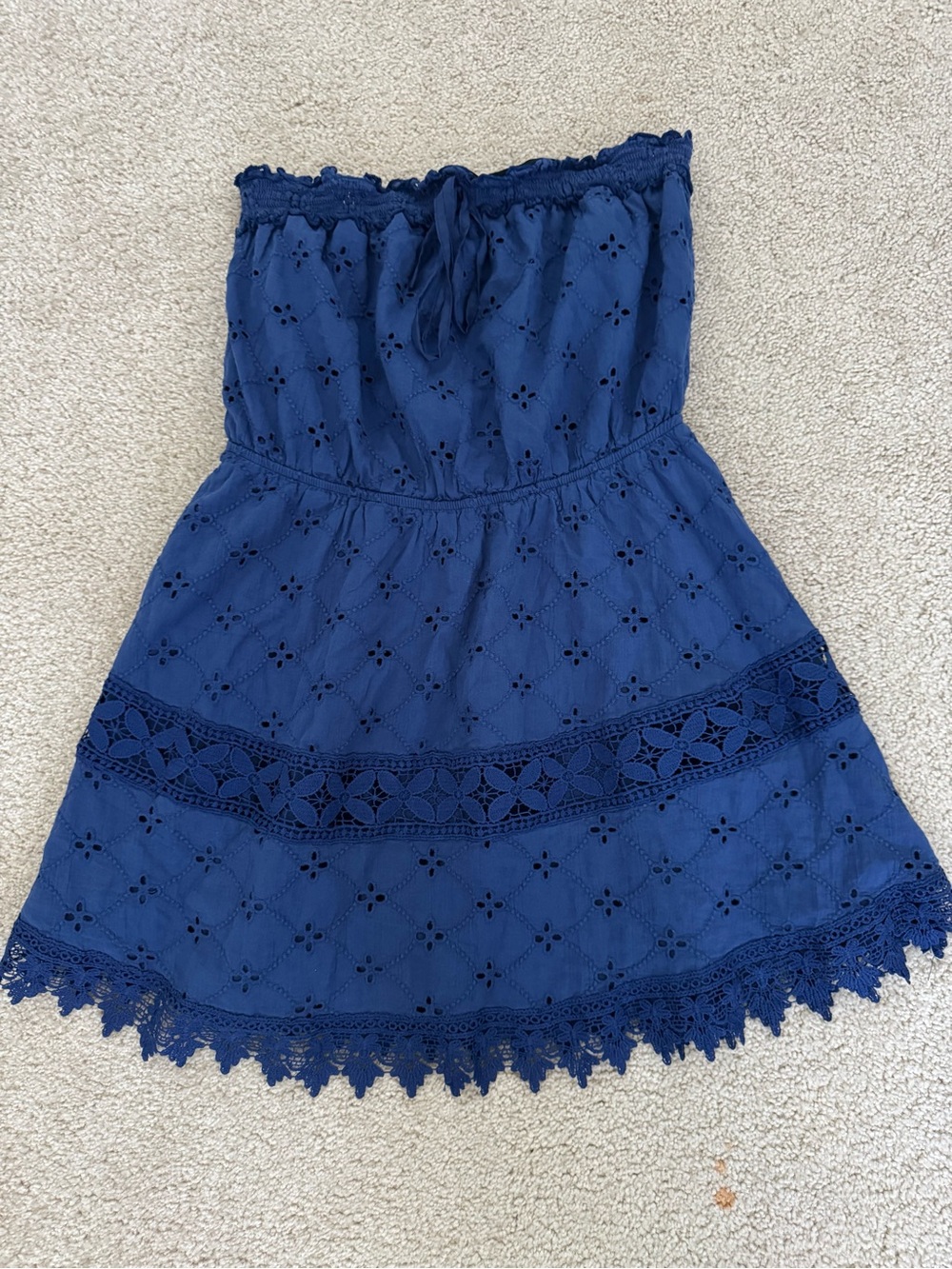 Strapless Navy Eyelet Lace Mini Dress